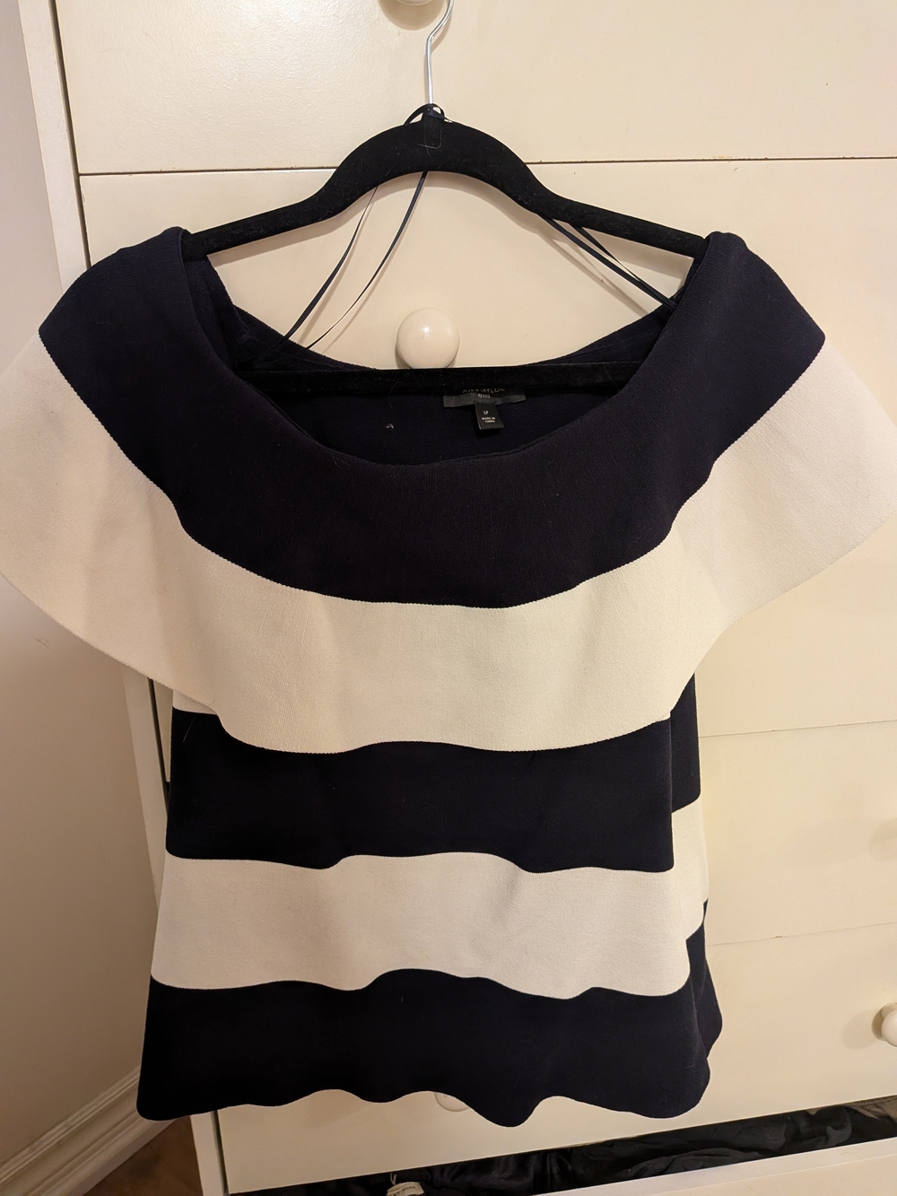 Ann Taylor Navy and White Off-Shoulder Striped Top